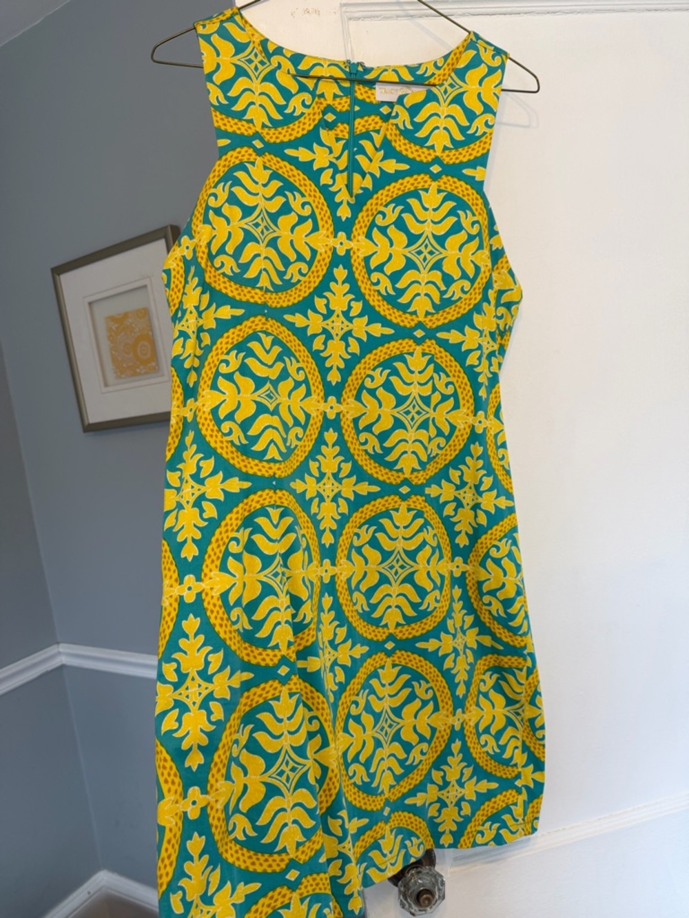 Tracy Negoshian Teal and Yellow Geometric Floral Mini Dress
